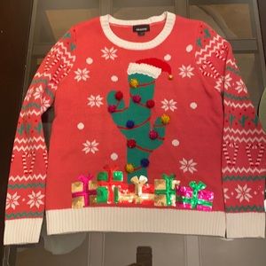 Joe Boxer Ugly Christmas Sweater Catus with a Santa Hat, 🎁’s & Sequins! Size: L